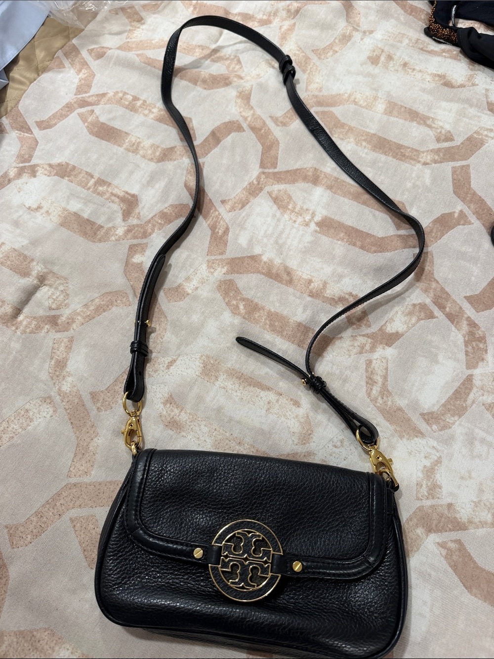 Tory Burch Black Pebbled Leather Crossbody with Gold Logo